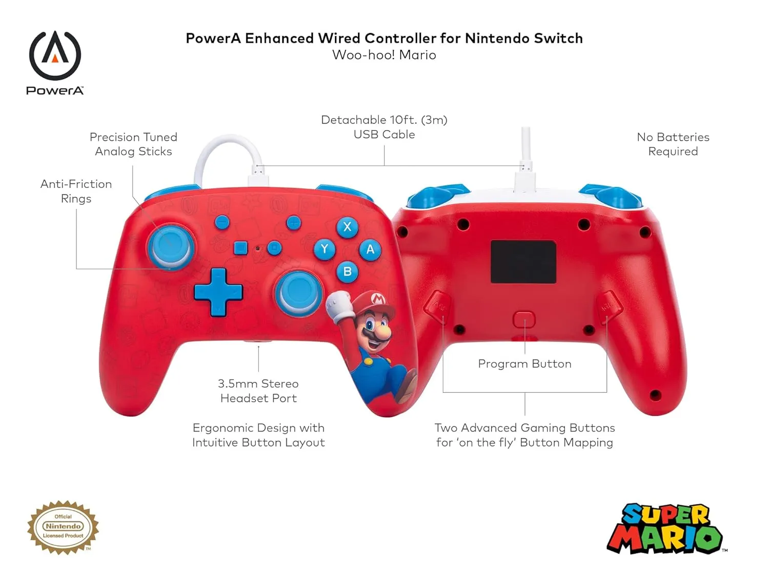 PowerA Enhanced Wired Controller for Nintendo Switch - Woo-hoo! Mario, Gamepad, game controller, wired controller, officially licensed