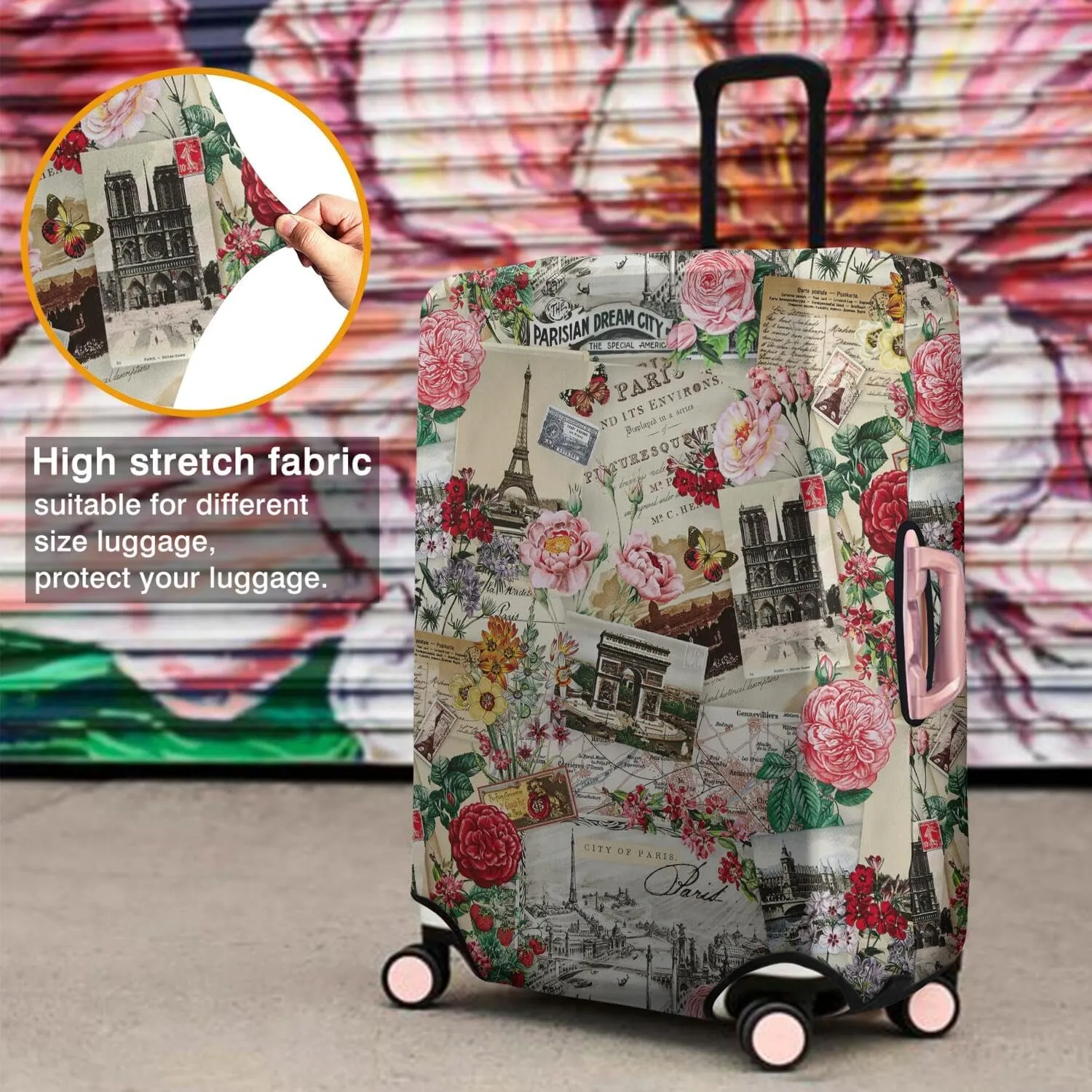 World Famous Scenery Elastic Luggage Cover Washable Eiffel Tower and Arc de Triomphe Travel Suitcase Cover Fit 22-24in Luggage Cover (No Luggage, Cover only)