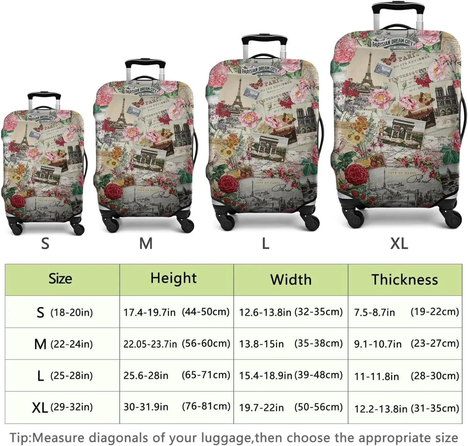 World Famous Scenery Elastic Luggage Cover Washable Eiffel Tower and Arc de Triomphe Travel Suitcase Cover Fit 22-24in Luggage Cover (No Luggage, Cover only)