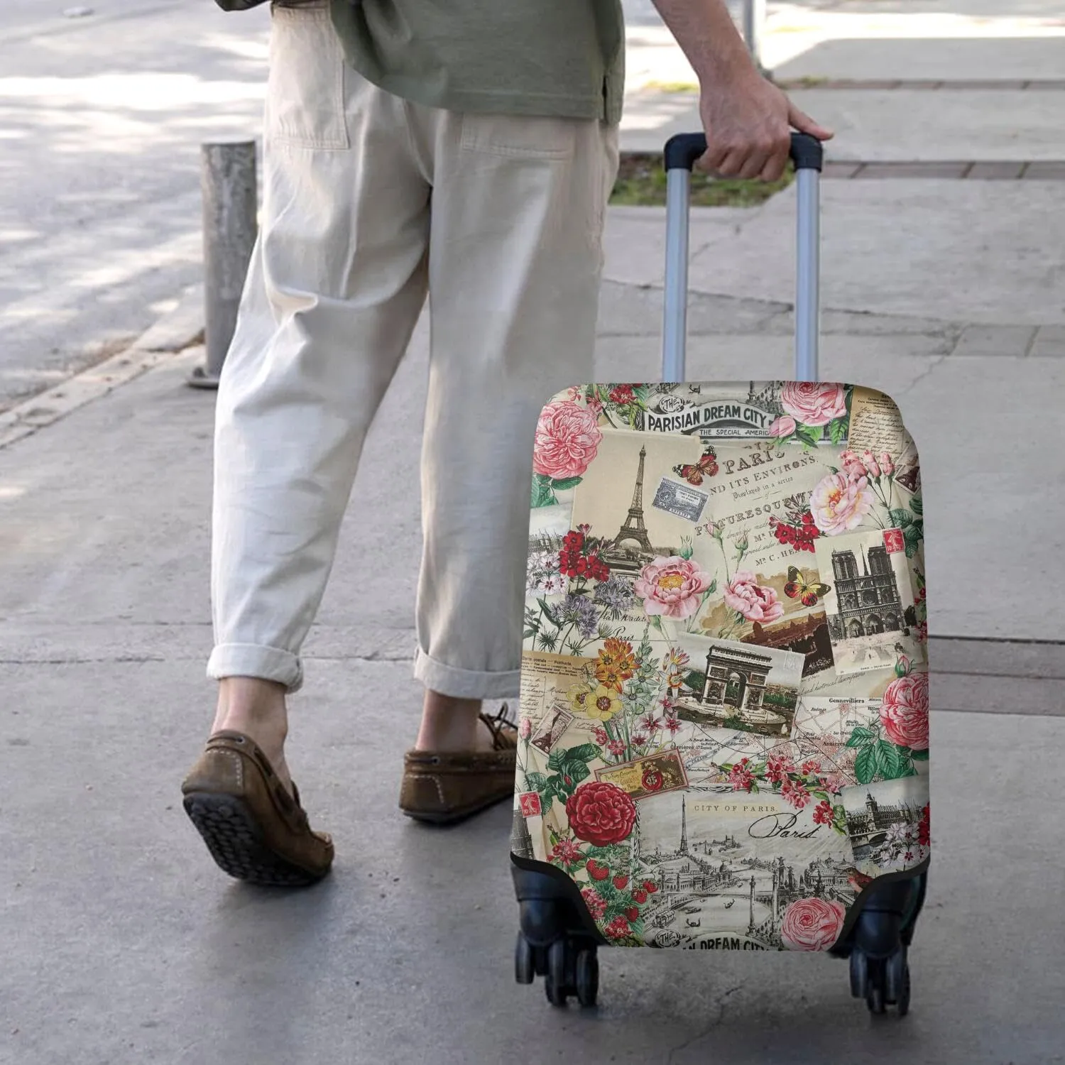 World Famous Scenery Elastic Luggage Cover Washable Eiffel Tower and Arc de Triomphe Travel Suitcase Cover Fit 22-24in Luggage Cover (No Luggage, Cover only)
